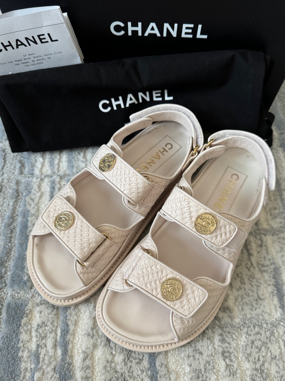 Chanel Light Pink Leather Dad Sandals with Gold Medallion CC Buttons